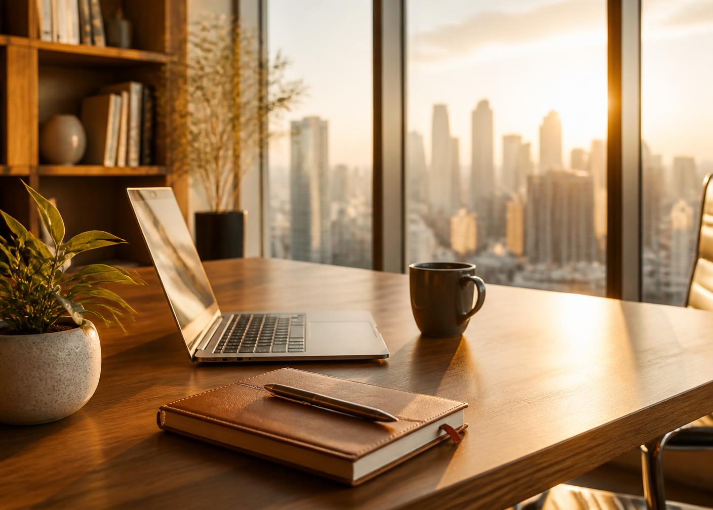 Sunlit office desk with laptop and notebook overlooking a city skyline